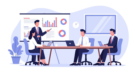 A business professional presenting data and analytics to colleagues in a modern office meeting room.