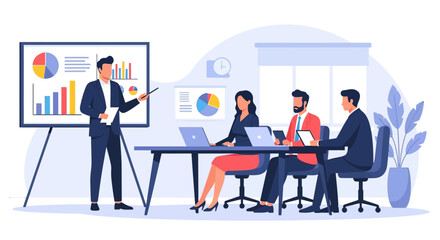 Businessman leading a corporate presentation, explaining data analysis charts and graphs to his colleagues in a meeting.