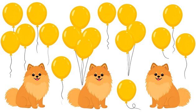 Adorable cartoon dog illustrations paired with yellow balloon clusters on a pristine white backdrop