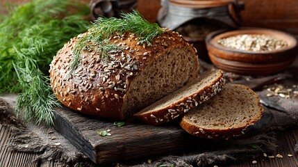 Whole grain bread sesame seeds fresh dill sliced rustic table herbs healthy food idea
