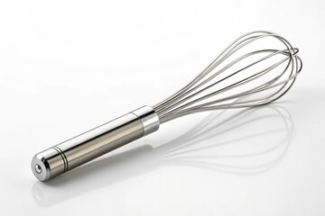Shiny stainless steel whisk casting a shadow on a white surface