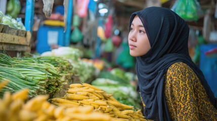 Young Indonesian woman wearing hijab at fruit stall in local market, expressing calmness and beauty, traditional culture and lifestyle concept