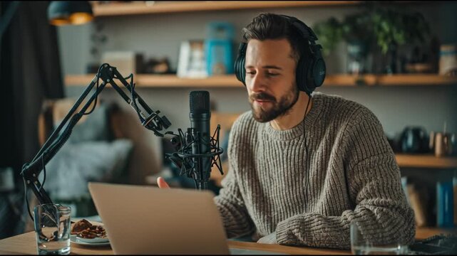 Cheerful Content Creator Broadcasting Live from His Modern Home Office Setup