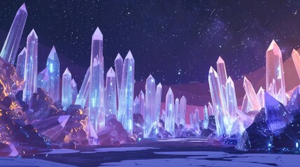 A breathtaking landscape of towering crystals under a starry night sky, reflecting vibrant colors and light