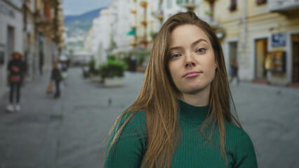 Fototapeta premium Woman tilts head and gazes forward wearing a green sweater on a sunlit city street lined with buildings; confidence independence.