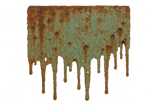 Rusty metal dripping texture with corroding green paint causing verdigris decay and grunge, isolated on transparent background
