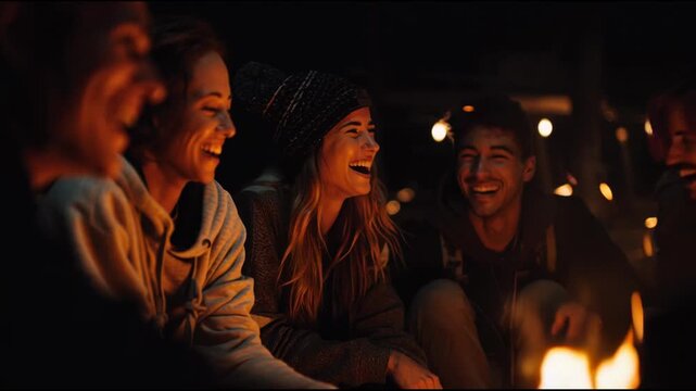 Cheerful Friends Laughing Around a Campfire at Night, Enjoying Warmth and Friendship During a Cozy Outdoor Adventure.