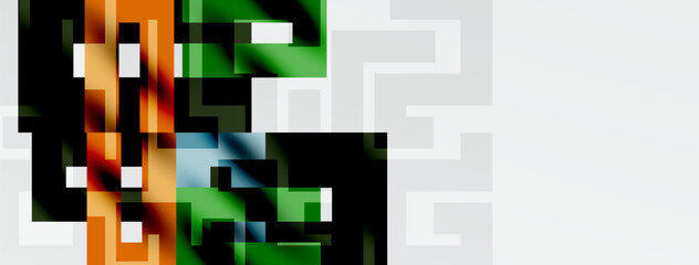 Abstract geometric shapes, vibrant colors blend. Orange, green dominate with gray background. Modern digital art composition.