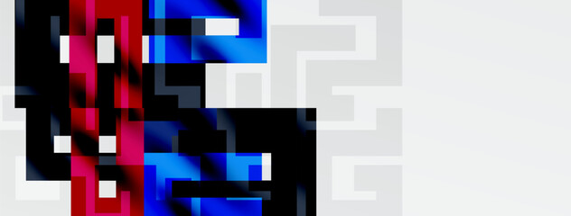 Abstract geometric composition. Red, blue hues dominate, contrasted by gray maze pattern. Minimalist design, digital art style.