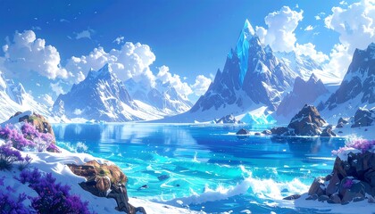 A serene winter scene with snowy mountains reflecting in a clear, blue lake under a bright, cloud-filled sky. Purple bushes dot the foreground