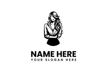 Monochrome logo design of a confident businesswoman with crossed arms, a stylish vector illustration for company branding. 11