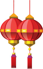 pair of hanging red lanterns with golden fringe.
