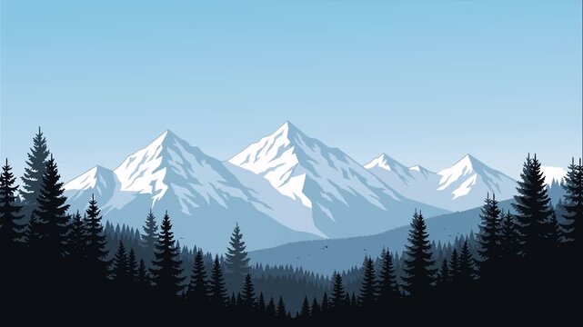 Stylized vector illustration of majestic snow-capped mountains towering over a dense pine forest under a clear blue sky, depicting a serene winter landscape.
