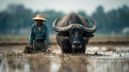 Indonesian farmer working with buffalo in wet rice field, representing cooperation, labor and traditional agricultural lifestyle concept