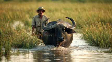 Indonesian man working with buffalo in rice field, symbolizing strength, patience and connection to traditional agricultural life concept