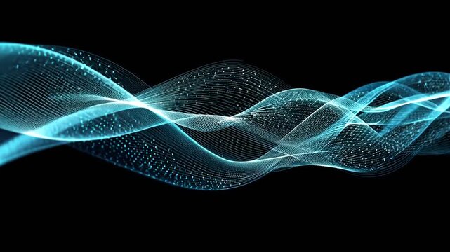 Glowing blue digital waves with scattered bright dots against black