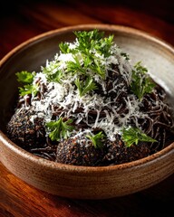 Close up of Gourmet Truffle Pasta Dish in a Wooden Bowl