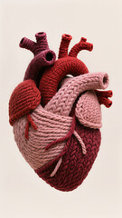Handmade knitted heart showing human anatomy. Medical organ art craft with warmth, creative and unique concept