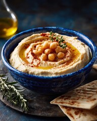 Close up of hummus in a blue bowl with garnishes