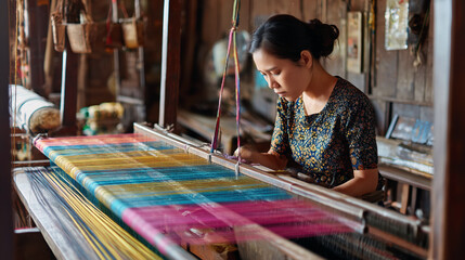 Laotian woman weaving colorful fabric on a traditional loom inside her wooden home, representing craftsmanship, patience and cultural heritage concept