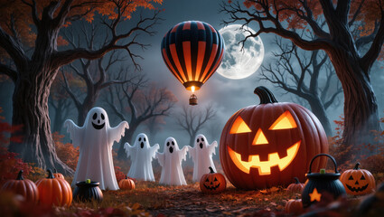 Spooky halloween night with joyful ghost and pumpkin in haunted forest under full moon. magical, festive fantasy scene