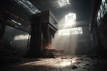 Industrial hydraulic press crushing metal in a dim factory