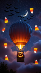 Spooky halloween jack o lantern hot air balloon flying in magical night sky surrounded by floating candy corn
