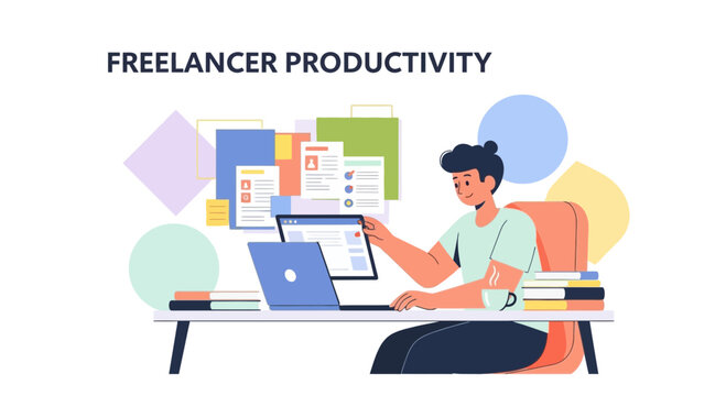 Illustrative Depiction of Freelance Efficiency and Remote Work in a Simplified Style