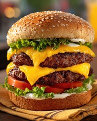 Close up image of a juicy burger with melted cheese