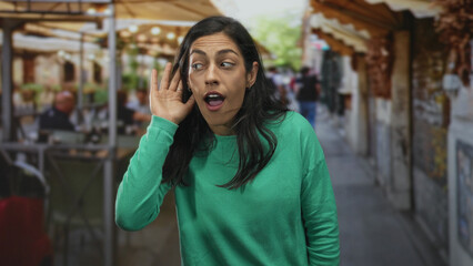 Fototapeta premium Woman holding hand cupped to ear on street by outdoor restaurant terrace, leaning forward with open mouth listening expression; curiosity listening.