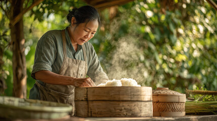 Laotian woman preparing steamed rice cakes in bamboo trays, surrounded by steam and sunlight, representing culinary heritage and patience concept
