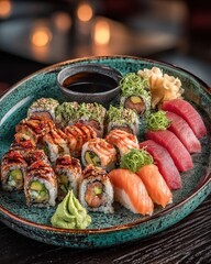 Close up of assorted sushi rolls and sashimi on a platter