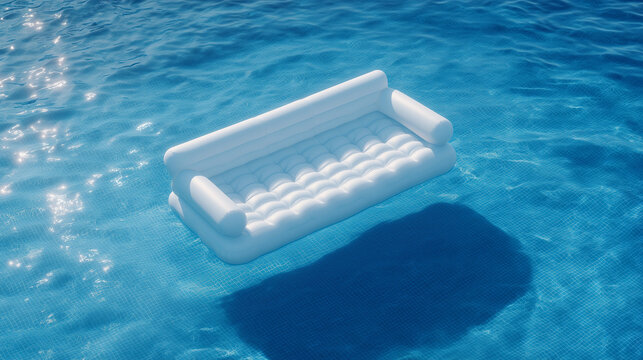 Floating white inflatable couch on a clear swimming pool during a sunny day Generative AI