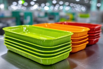 Colorful Stacks of Plastic Food Trays Ready for Retail