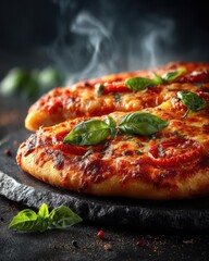 Rustic homemade pizza with bubbling mozzarella and basil close up