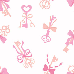 Seamless Pattern with Pink Keys and Bows