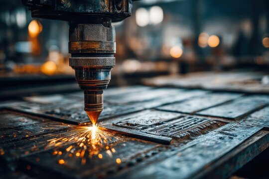 Industrial welding machine cutting metal plates with bright sparks