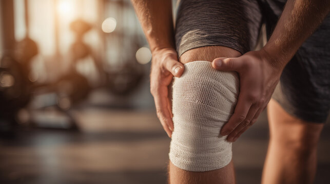Person holding their knee with a bandage in a gym setting during the evening Generative AI
