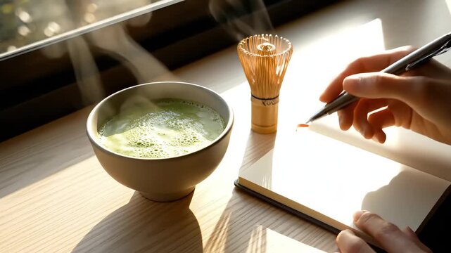 Steaming bowl of matcha tea placed on wooden table beside a whisk and notebook, as hands prepare to write, showcasing a serene moment of mindfulness and creativity, camera pans in