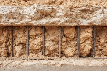 Close up of concrete foundation wall with exposed rebar