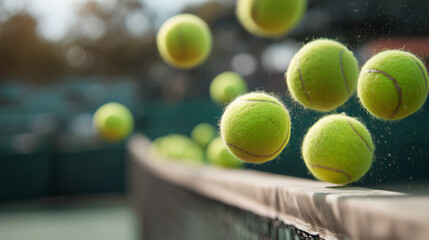 Tennis balls bouncing off the net at a sunny outdoor court during a match practice session Generative AI