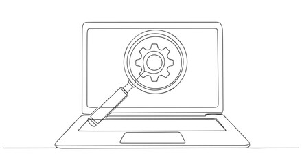 One line continuous drawing of a laptop with magnifying glass, search gear icon - c