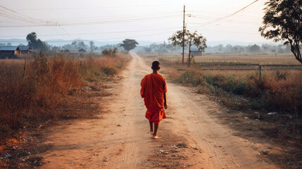 Young Lao monk walking barefoot along dusty road at sunrise, representing solitude, patience and peaceful spiritual journey concept