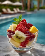 Fresh fruit salad in a glass bowl by a pool
