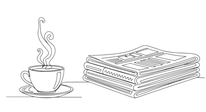 One line continuous drawing of a steaming hot cup of coffee beside a stack of newspapers, a classic morning concept
