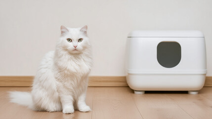 Elegant white cat sitting beside a clean litter box in a modern home setting Generative AI