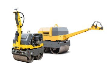 A heavy-duty roller stands isolated at a construction site, ready for use in compacting asphalt during the day. This rental equipment is essential for roadwork.
