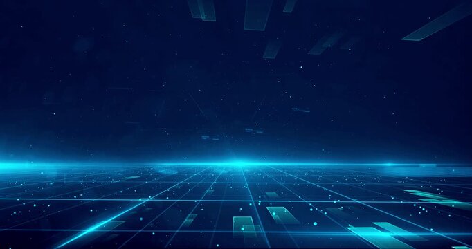 Blue lines and square frames create a scene of a technological space