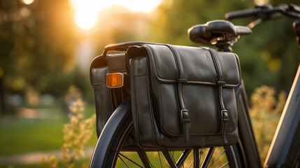 Cycling bag rests on a bike in a park during golden hour, surrounded by flowers and warm sunlight Generative AI