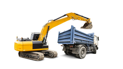 A yellow excavator loads soil and debris into a blue dump truck. Construction equipment rental. Isolated background.